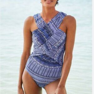Garnet Hill Ruched Crossover One Piece Swimsuit in Blue Pattern
